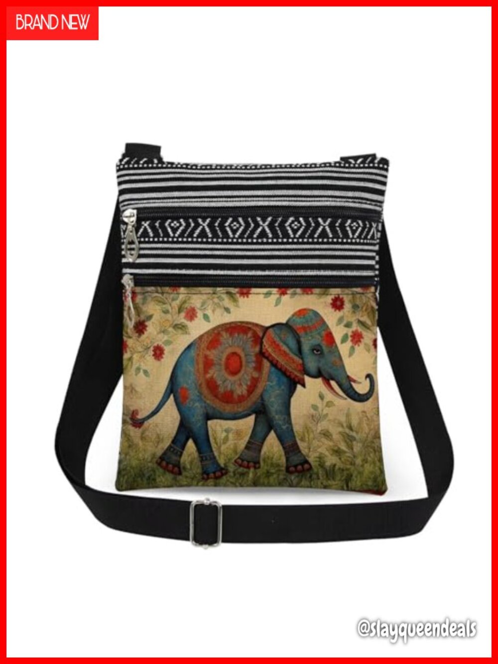 Polyester Elephant Print Crossbody Bag Adjustable Strap Double Zipper